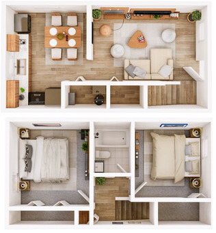 a 3d rendering of a bedroom with a bathroom and a living room